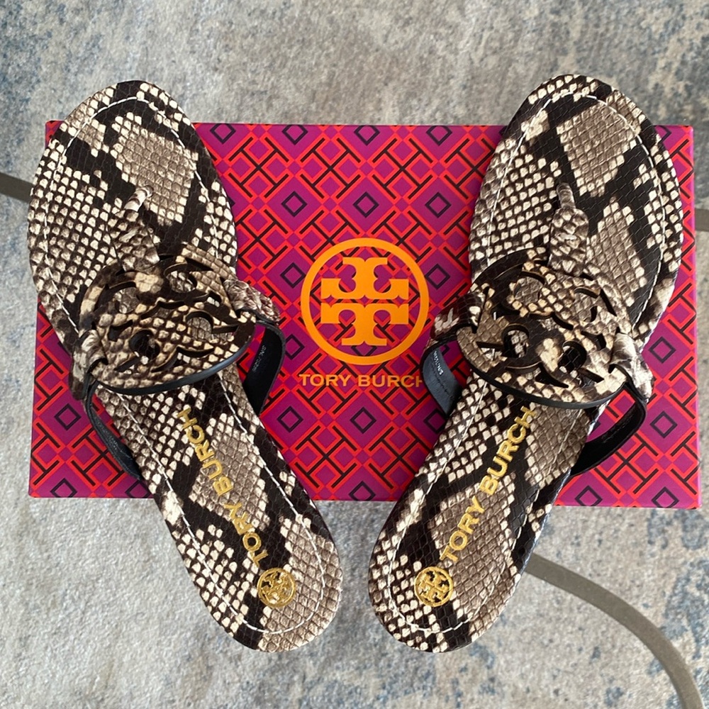 New in Box!  Tory Burch Miller Stamped Snake print sandals